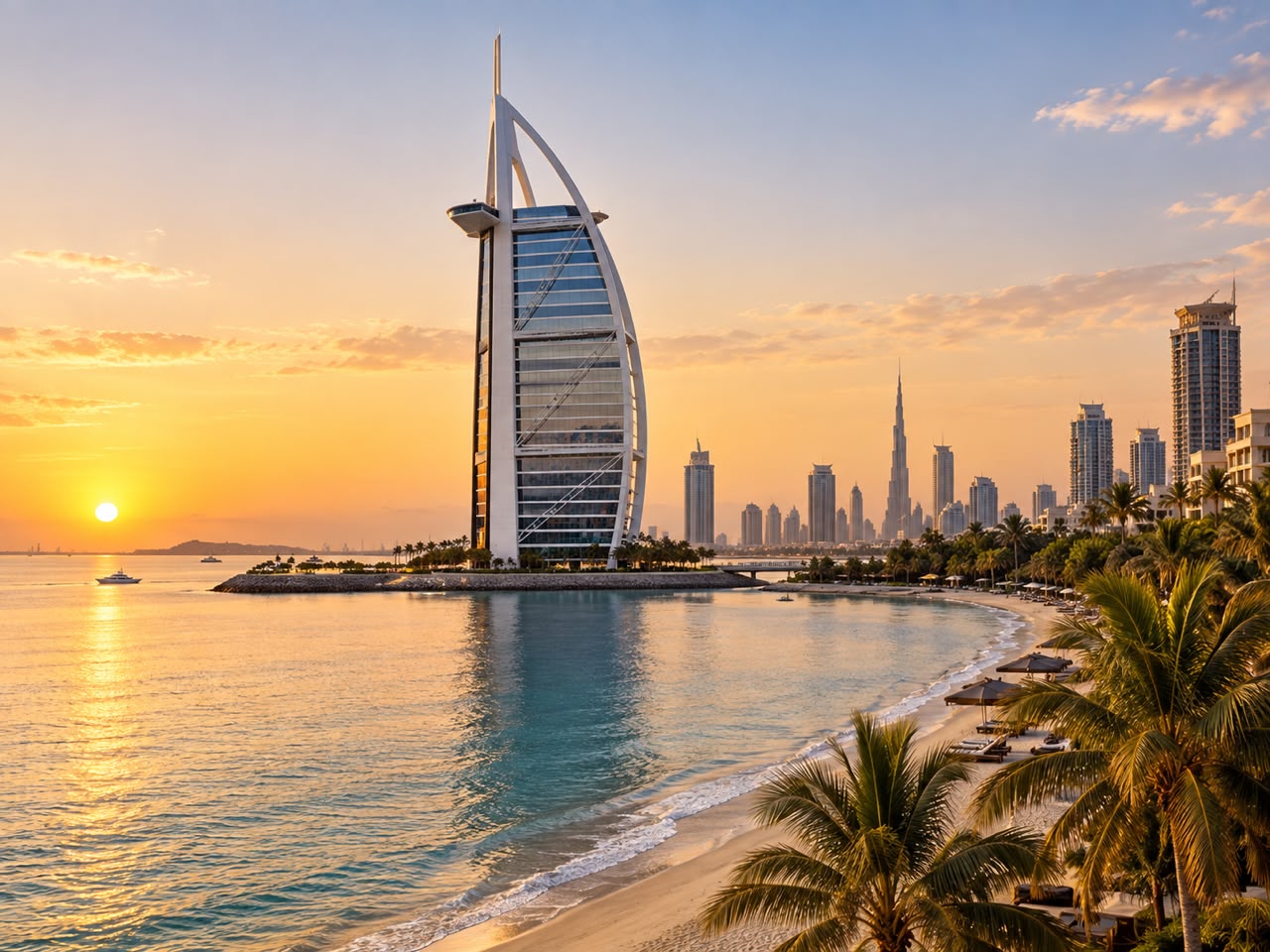 Dubaï et skyline internationale au coucher du soleil