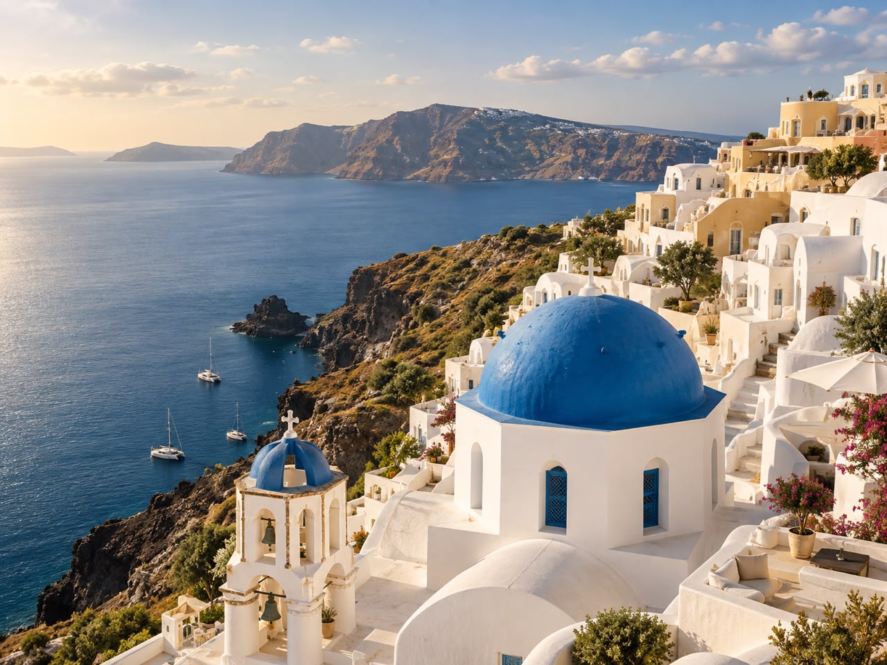 Santorin et dômes bleus en Grèce